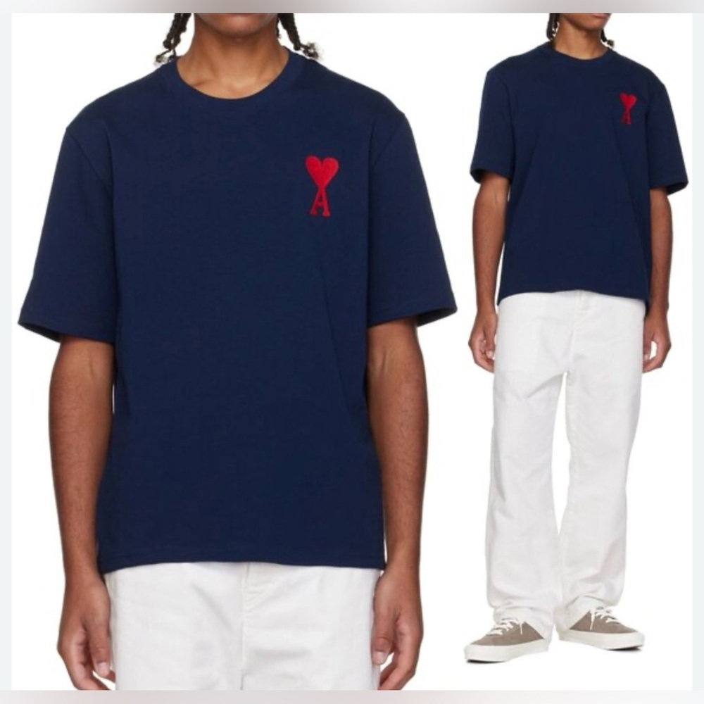 AMI organic cotton T-shirt in navy blue/red embroidery size small